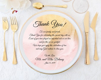 Wedding Thank You Message for Charger Plate, Blush Gold Marble Round Card