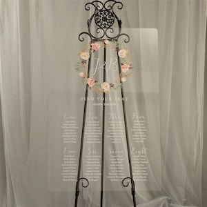 Carta de asientos acrílicos de corona floral, cartel de asientos de boda, carta de asientos de bienvenida, tabla de asientos acrílicos personalizados