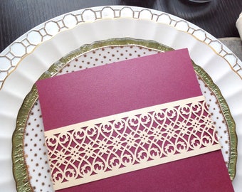 Laser Cut Invitation Belly Band, Blush, Scroll Invitation Card Wraps, Wedding Invitation Belly Band, Scroll Work Band, Laser Cut Card Wrap