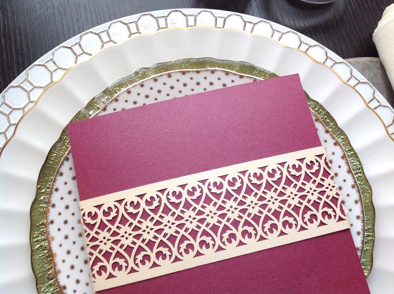 Laser Cut Invitation Belly Band Blush Scroll Invitation Card Etsy