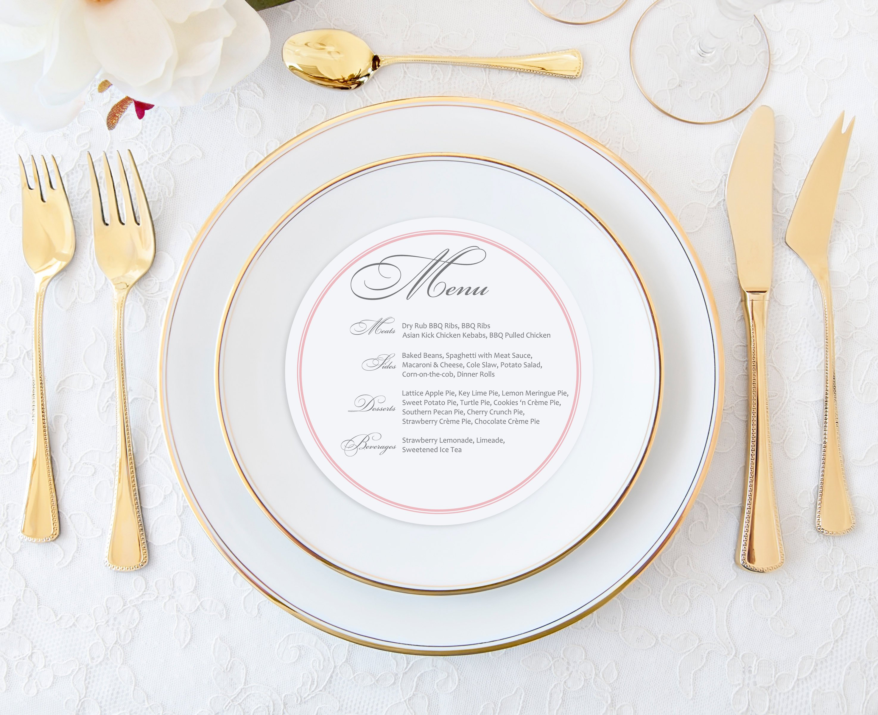 Circle Blush Pink Plate Menu Card, Rehearsal Dinner Menu, Dinner Party Menu Card, Personalized Menu
