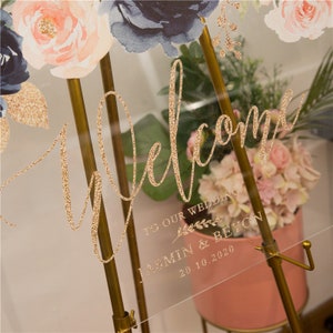 Glitter Effect, Blush & Navy Floral Acrylic Wedding Signs, Welcome Wedding Sign, Welcome Sign, Custom Acrylic Sign
