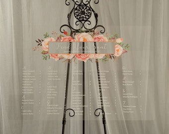 Plano de asientos de acrílico con flores ruborizadas, letrero de asientos para bodas, plano de asientos de bienvenida, plano de asientos de acrílico personalizado