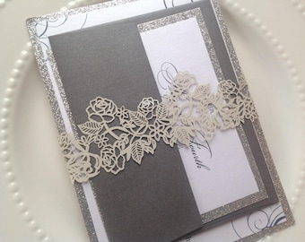 Laser Cut Belly Band, Wedding Invitation Belly Band, Silver Wedding, Laser Cut, Floral, Rose, Grey, Invitation Accessories