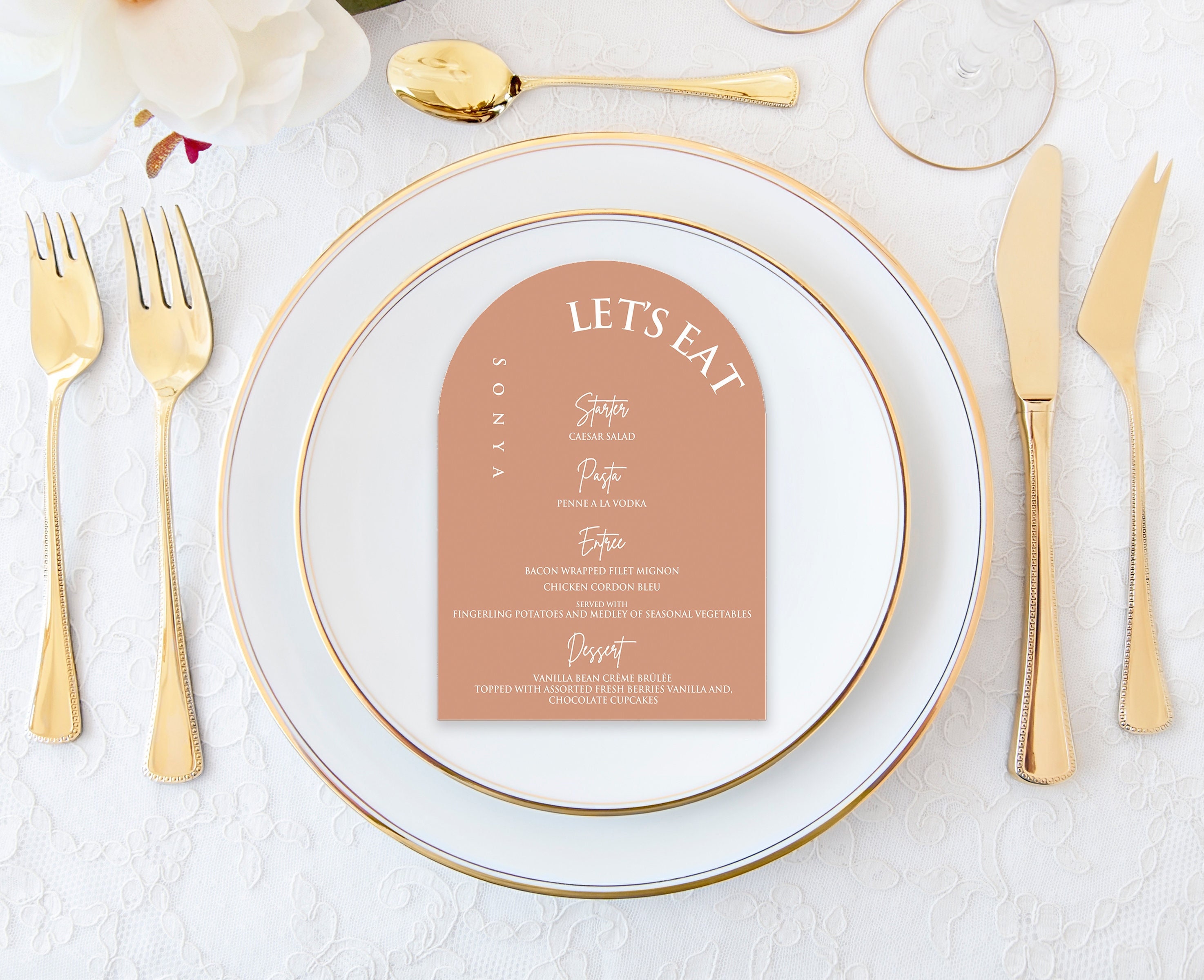 Terracotta Arch Menu with white Ink Printing, Menu Card with Guest Names, Place Card Menu, Personalized and Custom Designed