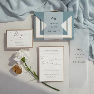Printed Dusty Blue Invitation, Wedding Invitation, Vellum Wrap Invitation, Dusty Blue Wedding Invitation