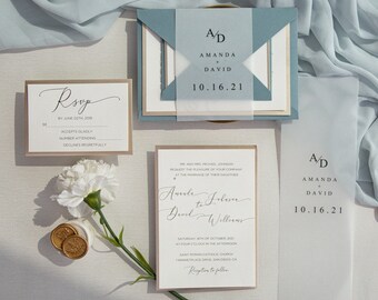 Printed Dusty Blue Invitation, Wedding Invitation, Vellum Wrap Invitation, Dusty Blue Wedding Invitation