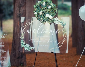 Geometric Frame Acrylic Wedding Signs, Welcome Wedding Sign, Welcome Sign, Greenery Leaf Sign, Custom Acrylic Sign, Clear Acrylic Sign