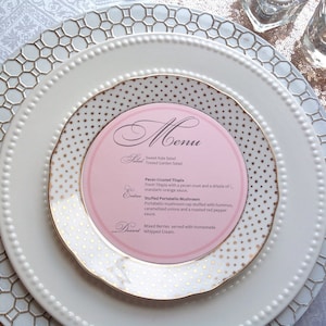 Circle Blush Pink Plate Menu Card, Menu dîner répétition, Carte Menu partie, Carte Menu du dîner, Carte Menu Parti Social. Menu Personnalisé
