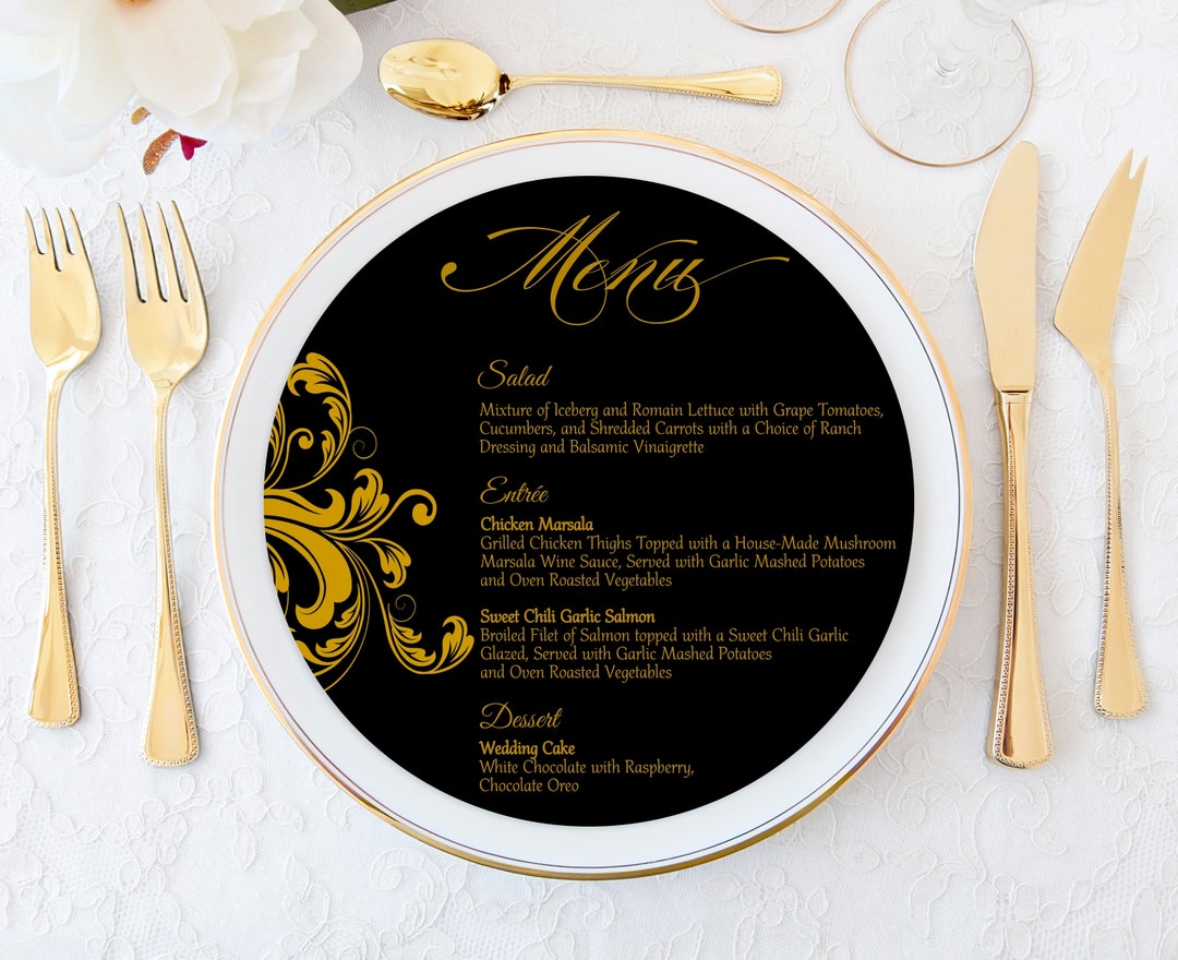 Round Charger Plate Menu Cards Gold Foil Menu Cards Black Etsy