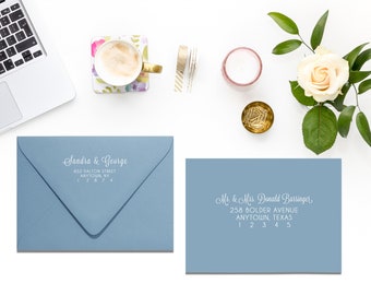 Dusty Blue Envelope with Full Addressing, Printed Envelopes, Digital Calligraphy, White Ink Printing, Wedding Guest Address Printing