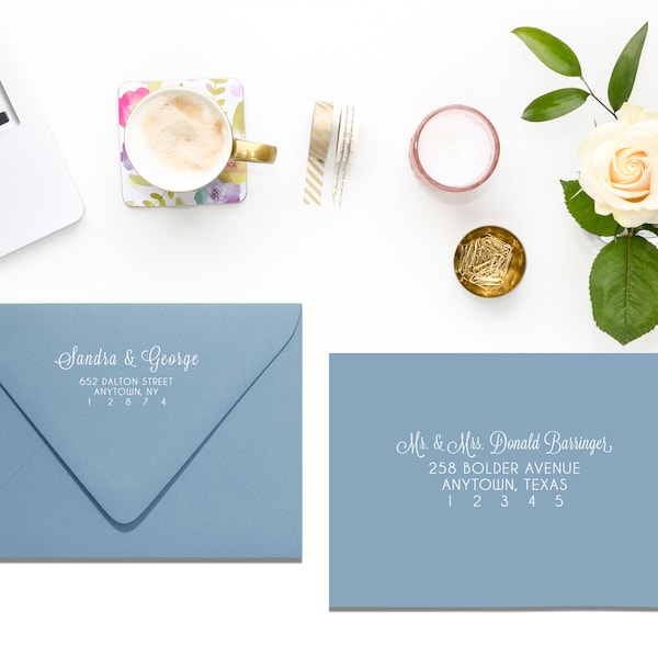 Dusty Blue Envelope with Full Addressing, Printed Envelopes, Digital Calligraphy, White Ink Printing, Wedding Guest Address Printing