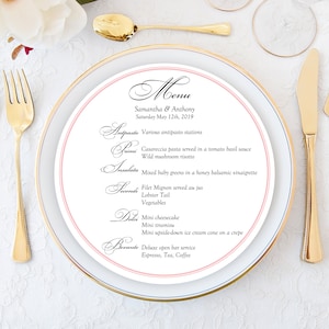 Round Blush Pink Charger Plate Menu Card, Rehearsal Dinner Menu, Dinner Party Menu Card, Personalized Menu