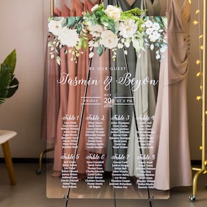 Zitplaatsbord bruiloft, acrylaat tafelkaart voor bruiloften, groen en witte bloemen