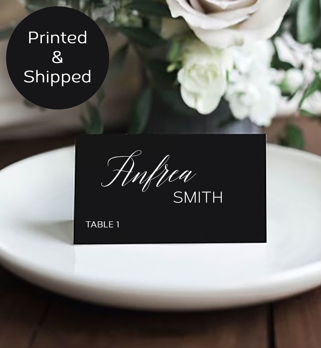 Black & White Printed Place Cards, Black Place Cards With White Text