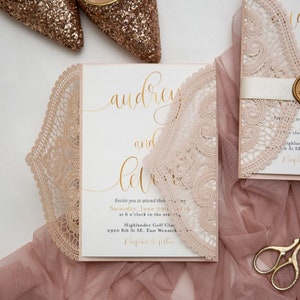 Blush Pink Laser Cut Lace Invitation, Wedding Invitation Set, RSVP Card and Envelope, Elegant Invitation, Birthday Invitation Card, image 4