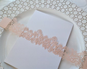 Blush Laser Cut Invitation Belly Band, Floral Rose Design, Wedding Invitation Belly Band