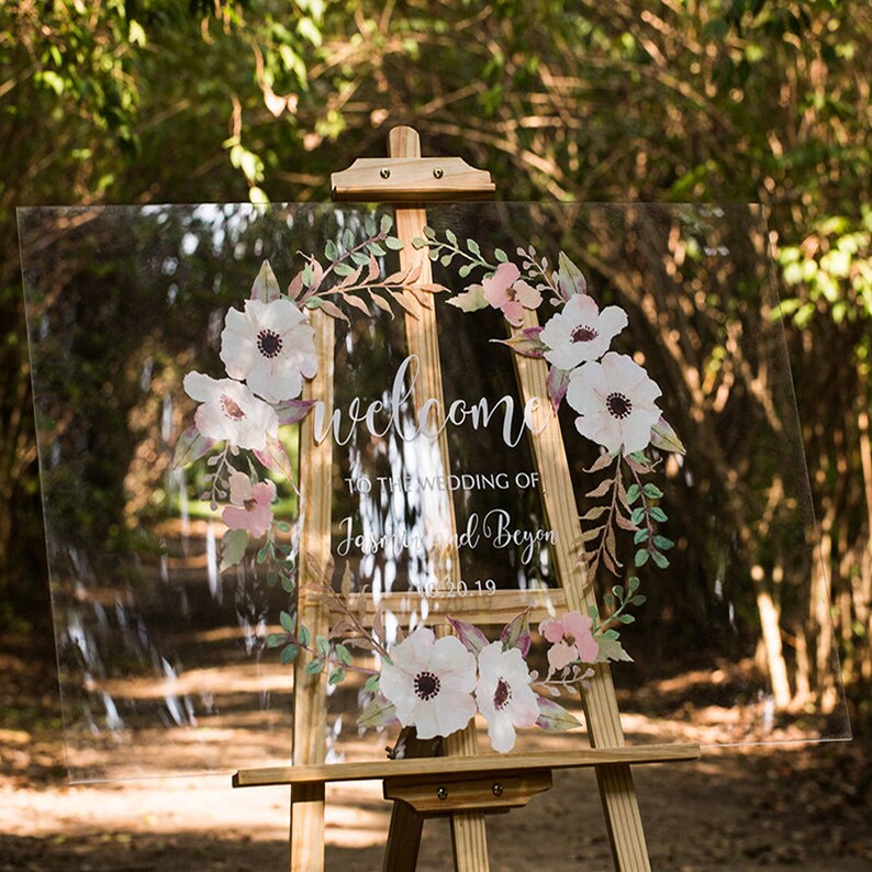 Acrylic Wedding Signs, Welcome Wedding Sign, Welcome Sign, Floral Wedding Sign, Custom Acrylic Sign, Wreath Sign image 2