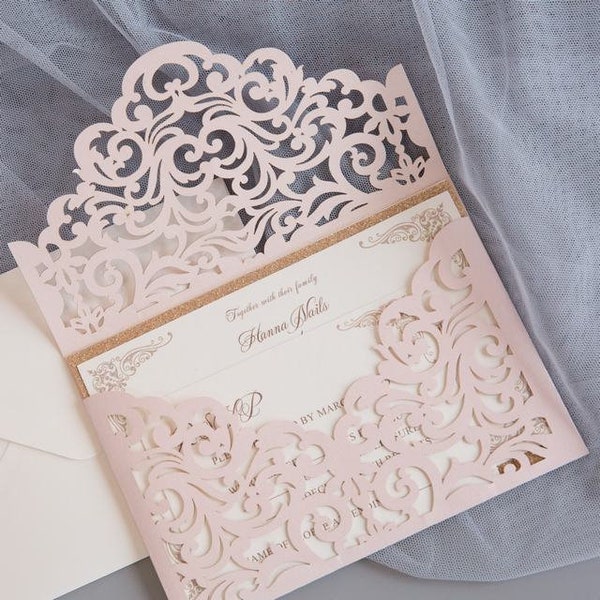 Blush Pink Laser Cut Invitation, Elegant Invitation, Quinceañera Invitation, Birthday Party Invitation,