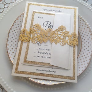 Invito a nozze Belly Band, Gold, Laser Cut Invitation Belly Band, Accessori per inviti, Eleganti, Floreali, Bande di carta tagliate al laser