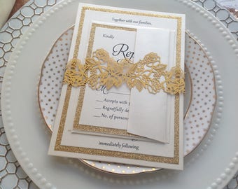 Wedding Invitation Belly Band, Gold, Laser Cut Invitation Belly Band, Invitation Accessories, Elegant, Floral, Laser Cut Paper Bands