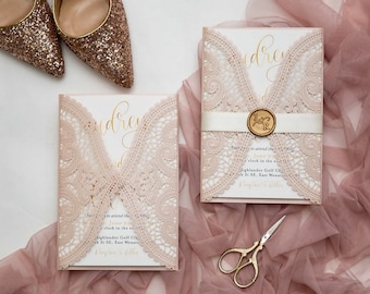 Blush Pink Laser Cut Lace Invitation, Wedding Invitation Set, RSVP Card and Envelope, Elegant Invitation, Birthday Invitation Card,