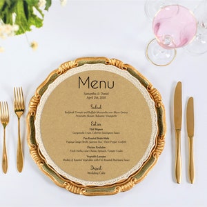 Cartes menu, Cartes menu de mariage, Menu Kraft, Cartes Menu Rustique, Ronde, Cercle, Menu Rond, Menu, Cercle, Menu, Menu pour Charger Plate