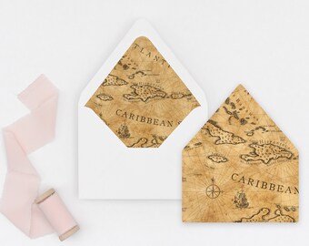Envelope Liners, Caribbean Map, Map Envelope Liner, Caribbean Map Liner, Destination Wedding, Save the Date Envelope