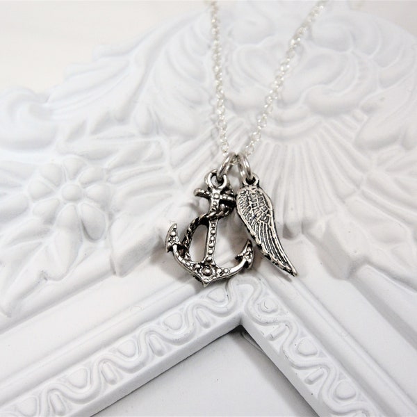 ANCHOR and Angel wing necklace, 925 sterling silver Anchor and Angel wing charm necklace, jewelry, silver hope necklace, silver charm chain