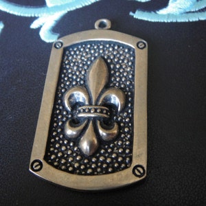 Solid bronze large rectangle dog tag with fleur de lis, antique bronze large dog tag with fleur de lis, bronze fleur de lis dog tag pendant image 1