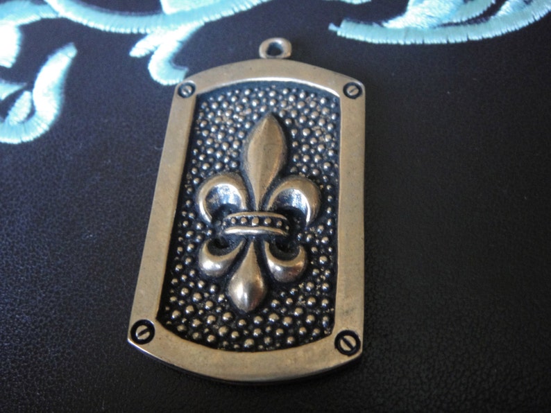 Solid bronze large rectangle dog tag with fleur de lis, antique bronze large dog tag with fleur de lis, bronze fleur de lis dog tag pendant image 1