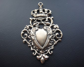 Solid bronze large filigree heart with crown on top, bronze heart with crown, large fleur de lis charm, fleur de lis crown charm fleurde lis