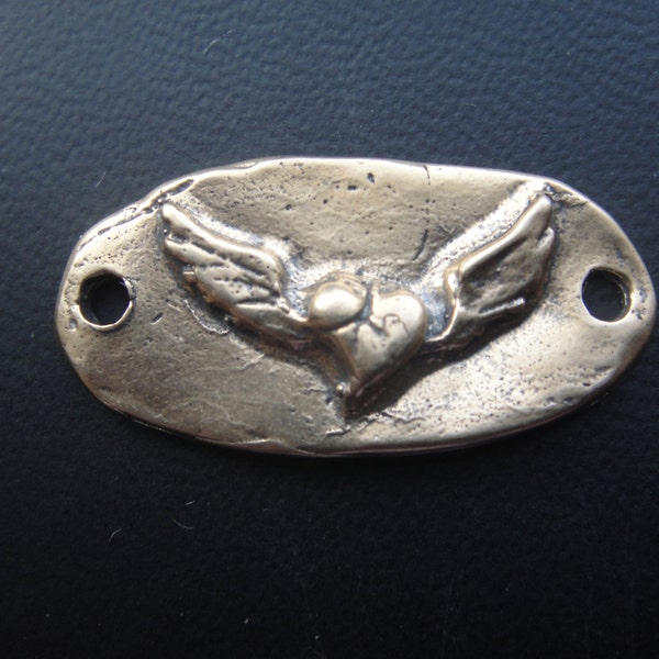 Solid bronze pendant or connector with angel wing heart,bronze  angel wing heart, bronze connector