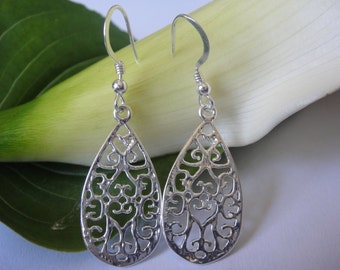 925 sterling silver teardrop earrings, earrings, jewelry,sterling silver filigree earrings, sterling silver tear drop earrings