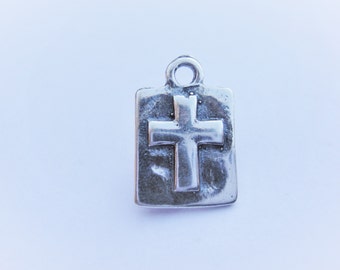 925 sterling silver cross, silver cross, vermeil rectangle disc with cross, silver square charm with cross, cross, small silver cross charm