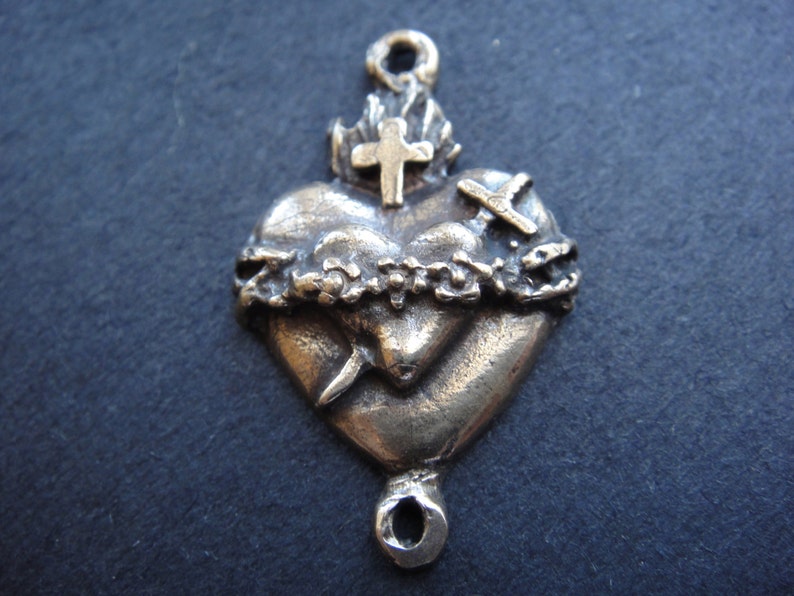 solid bronze sacred heart charm connector, bronze sacred heart image 1