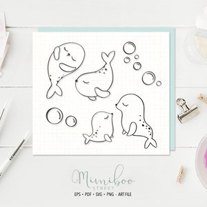 Pode incluir: Ilustração de arte de linha em preto e branco de quatro focas com bolhas. As focas estão em várias poses, incluindo nadar, dormir e olhar uma para a outra. A ilustração está sobre um fundo branco com uma borda azul clara.