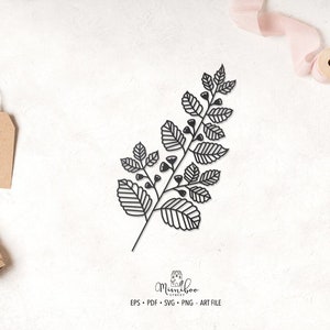 Pode incluir: Ilustração de arte de linha preta e branca de um ramo frondoso com pequenas bagas. A imagem está sobre um fundo branco.