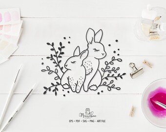 Cute Bunnies - CUT file - Art Plotter File - Paper cut - pdf svg png eps - Silhouette Cameo - Cricut Maker - Card making - Logo
