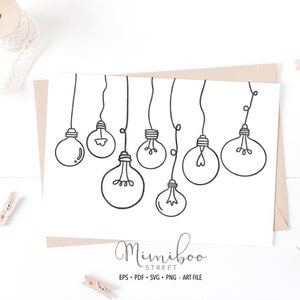 以下が含まれることがあります： 天井からぶら下がっている電球の紐の白黒の線画。電球はシンプルで落書きのようなスタイルで描かれています。