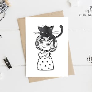 May include: Black and white line art illustration of a girl with a black cat sitting on her head. The girl is wearing a polka dot dress and has her arms crossed.