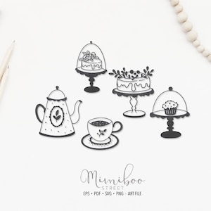 Pode incluir: Ilustração de arte de linha em preto e branco de um bule, uma xícara e um pires, e três suportes para bolos com bolos e cupcakes. Os suportes para bolos têm uma cobertura de cúpula sobre os bolos. O texto "Mimiboo Street" está na parte inferior da imagem.