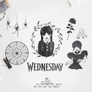 Mercoledì Addams Clipart - file CUT - Art Plotter File - Taglio carta - pdf svg png eps - Silhouette Cameo - Cricut Maker - Topper