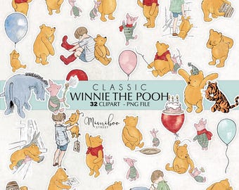 Classic Winnie the Pooh and Friends Clipart, Digital 32 Bundle Clip Art, Transparent PNG, DIY Baby Shower Birthday Invitation Party Decor