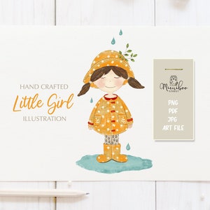 May include: Handcrafted watercolor illustration of a little girl wearing a yellow raincoat with white polka dots and rain boots. She is standing in a puddle with raindrops falling around her. The illustration is titled "Little Girl" and includes the text "Handcrafted Illustration".
