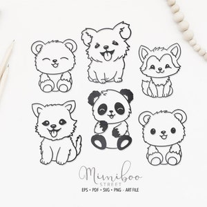 Pode incluir: Um conjunto de seis desenhos em preto e branco de animais fofinhos, incluindo um panda, um urso e um cachorro. Todos os animais estão sentados e têm traços simples e de desenho animado.