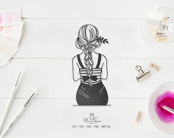 Girl with a Braid - Cute Girl - CUT file - Art Plotter File - Paper cut - pdf svg png eps - Silhouette Cameo - Cricut Maker - Card making