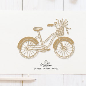 Pode incluir: Uma ilustração dourada de uma bicicleta com uma cesta de flores no guidão. A bicicleta tem um design decorativo com detalhes florais nas rodas e no quadro. A imagem inclui o texto "Minihoo Studio" e "EPS - PDF - SVG - PNG - ART FILE".