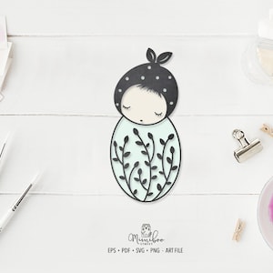 May include: Black and white digital illustration of a stylized baby doll with a black and white polka dot hat, closed eyes, and a light blue body with black leaves and branches. The image is on a white background.