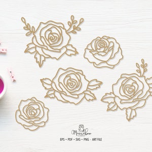 May include: Five outline drawings of roses with stems and leaves. The roses are in a gold color and are arranged in a symmetrical pattern on a white background.